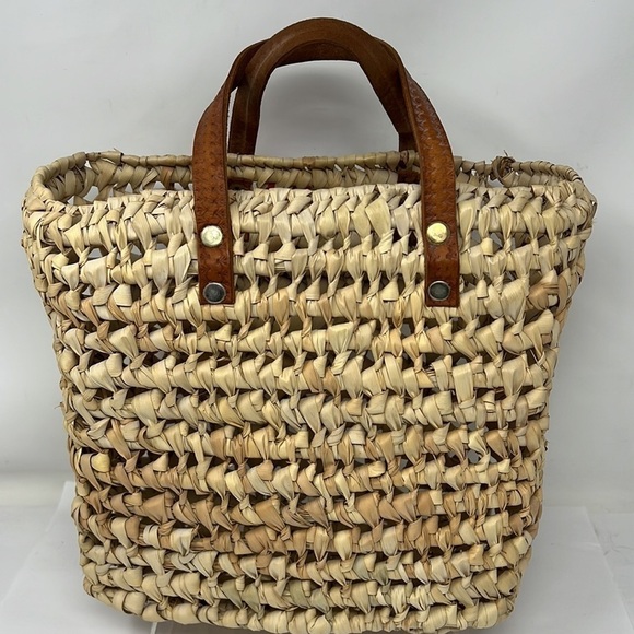Straw Banana Leaf Woven Market Basket Bag Double Leather Handles - Picture 3 of 7